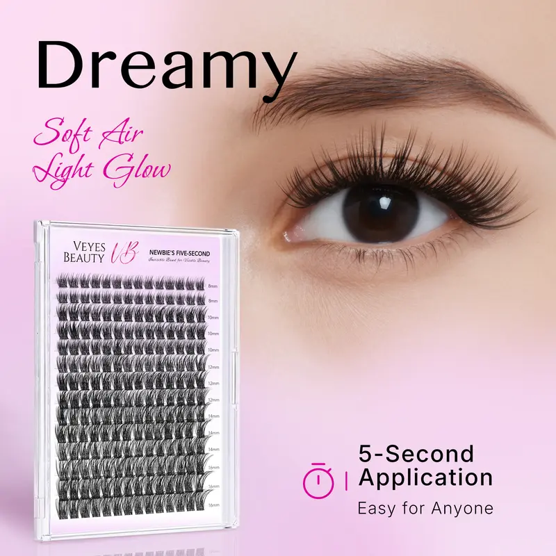 VEYESBEAUTY Dreamy Cluster Lashes Kit with Bond & Seal, Tweezer | Everyday Commute Clean Girl Style | Subtle Natural Wispy Individual Lashes | Beginner Friendly Mixed Length Tray