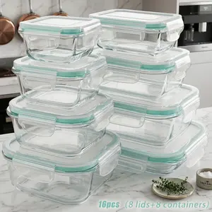 16pcs Sealed Glass Food Storage Containers with 8 Lids and 8 Containers Durable Glass Lunch Boxes for Microwave Oven Safe Salads Fruits Vegetables Sandwiches Storage