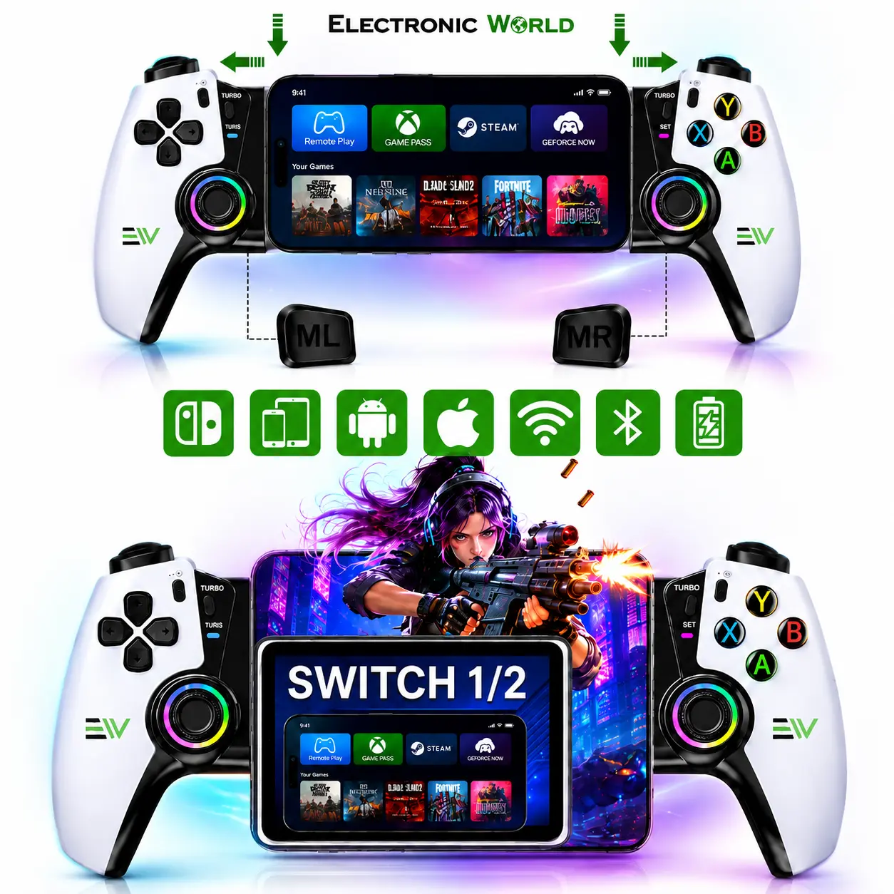 Mobile Gaming Controller for Android & iPhone 15/16 Series, iPad Mini USB-C & Switch 1/2, Portable Gamepad for Xbox Cloud Gaming, Steam Link, GeForce Now,   controller grips, Remote Play, Ergonomic Plug & Play Gaming Console Controller