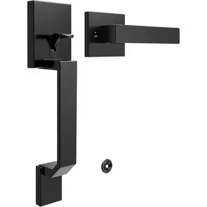 Square Matte Black Front Door Handle with Classic Door Lever, Upgraded Exterior Door Entry Handle No Lock, Reversible for Left & Right Handed