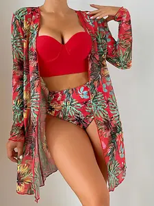 Women's Swimsuit Set, Boho Plain Push Up Swim Bra & High Waist Ruched Swim Panty & Cover Up Bikini Sets, Summer Beach Swimwear, Floral Print Swimsuits, Bandeau Bikini Top, Floral Tropical Bikini