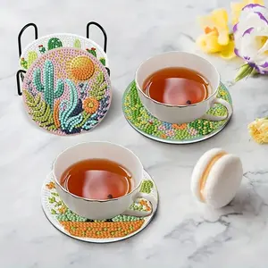 8-Piece Diamond Art Coasters, Cactus Succulent Design with Stand, DIY Desert Plant Cat Theme, Non-Slip Heat-Resistant, Home Kitchen Bohemian Style