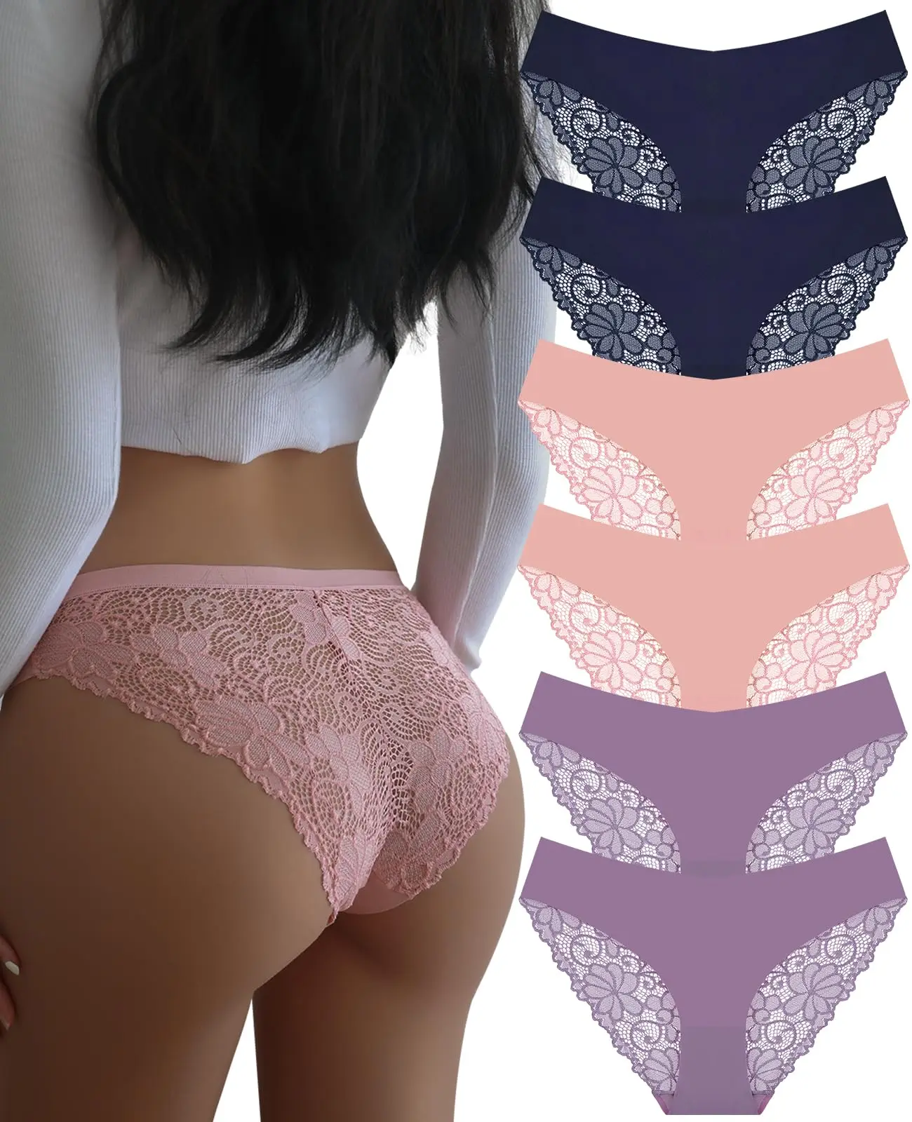Women's Seamless Lace Cheeky Bikini Panties 6-Pack - Comfortable, Smooth, Fit for Everyday Wear & Casual Use, A-6 Color Intimates Briefs
