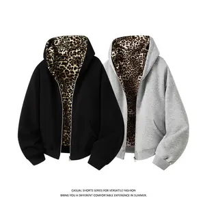 Autumn and winter leopard print double-sided wool jacket unisex high street casual loose knit hooded jacketRAIMENTRY