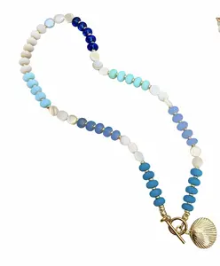 Blue and White Glass Beaded Necklace - Gold Plated - Toggle Claps - Shell Charm