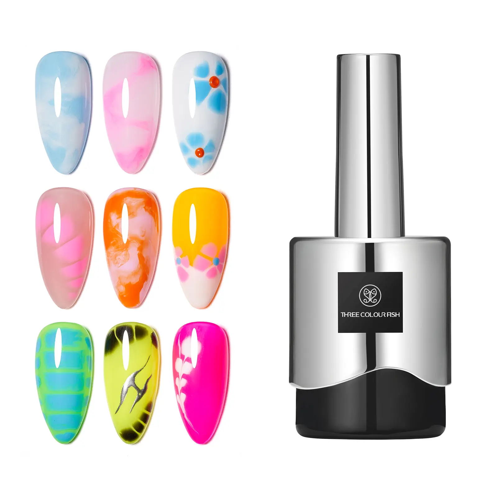 THREE COLOUR FISH  Clear Blooming Gel 12ml UV LED Soak Off Nail Art Polish for Spreading Effect Marble Nail Polish Gel Paint Nail Designs for DIY Color Flower Watercolor Magic Beauty Gift