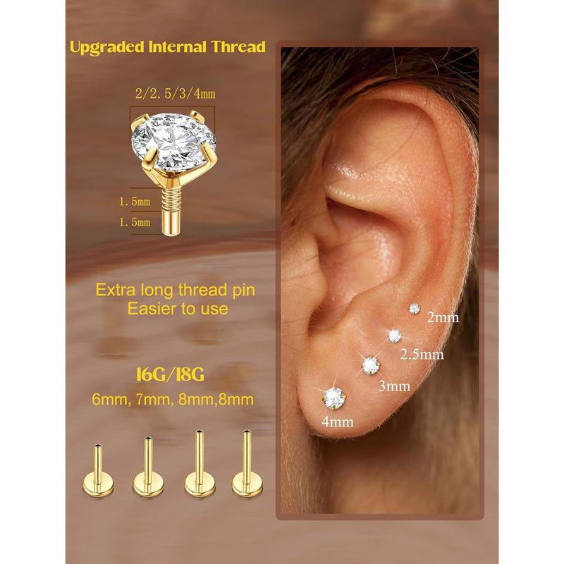 14K Gold Plated Flat Back Stud Earrings - 316L Surgical Steel Internal Thread CZ Stud Piercing Jewelry for Tragus Helix Cartilage Conch Nose Hypoallergenic Lip Monroe Labret Medusa Piercing 16G 18G