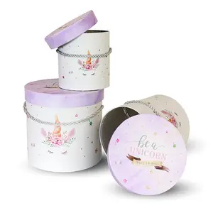 Set of 3, Round Flower/Gift Box-Unicorn Theme | W5476
