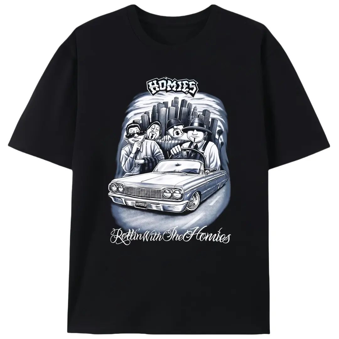 180g[100%cotton]Homies Rollin With The Homies Lowrider Men’s Graphic Tee |     Unisex Chicano Streetwear Car Fan Casual T-Shirt |     Summer Latino Gift