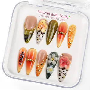 GJ31 Sunset Garden Sharp Almond Stiletto Collection – Orange & Olive Floral Gradient Stiletto Press-On Nails | Handmade Spring Statement Set