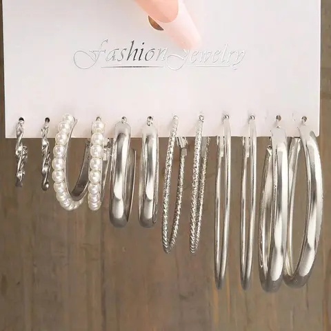 6 Pairs Faux Pearl Decorated Earrings, Hoop Earring Sets, Elegant Jewelry for Women, Fashion Jewelry for Party, Daily Clothing Decor, Trendy Fashionable Accessories, Trendy All-match & Exquisite Jewelry for Birthday Gift, Earring Stacking Set