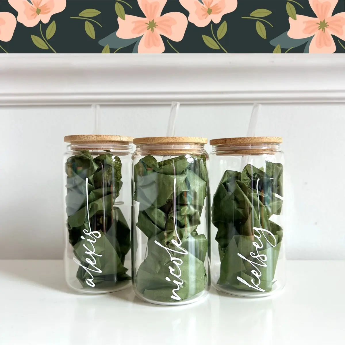 Custom Glass Bridesmaid Tumblers with Bamboo Lid and Straw Personalized Bridesmaid Cups Bridesmaid Proposal Gift