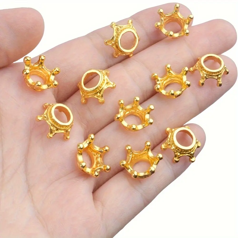 50pcs Alloy Crown Large-Hole Spacer Beads, Crown Shape Decor Accessories for DIY Jewelry Making Craft Supplies, Golden & Silvery Beading Materials for DIY Enthusiasts