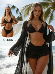 Women's Sexy Plain Bikini Set, Round Ring Tie Design, Mesh Sheer Short Skirt, Long Sleeve Outerwear, Beach Pool Resort Style, Swimsuit Beachwear, Summer Swimsuit Set