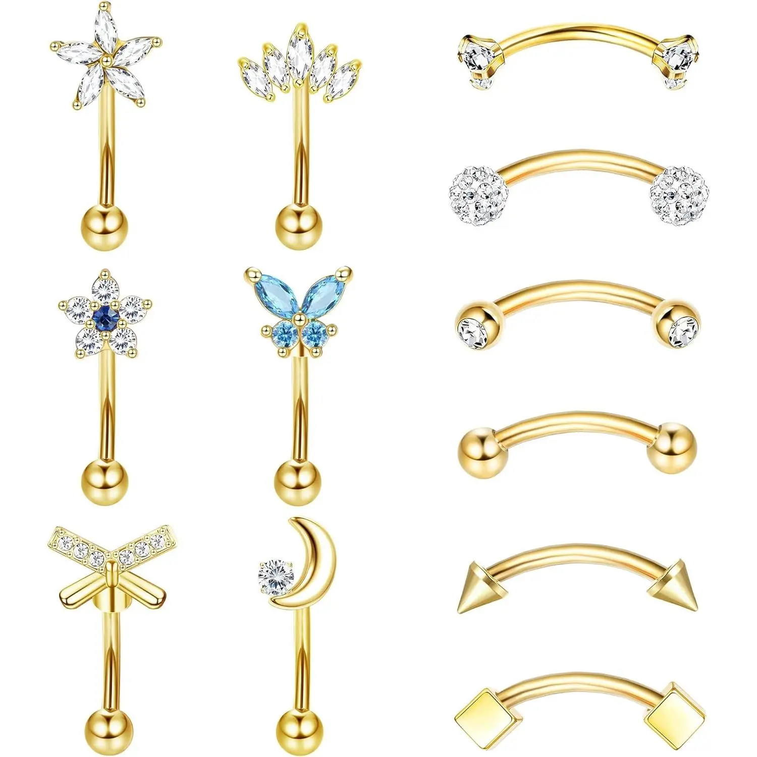 YADOCA 12Pcs 16G Stainless Steel Body Jewelry Set - Women's Christmas Classic Rook, Daith Earrings, Brow Piercing Jewelry, Curved Barbells, 6mm/8mm Belly Lip Rings with Superb Gold Plating, Artificial Zircon, Geometric, Casual for Sisters, Thanksgiving, F