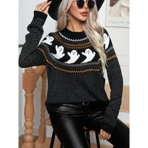 Women’s Ghost Pattern Crew Neck Sweater, Casual Retro Long Sleeve Jumper for Autumn & Winter, Fashion Ladies’ Knitwear for Everyday Wear