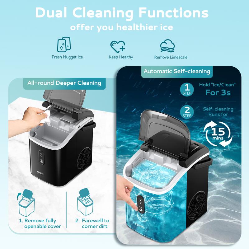 EUHOMY Nugget Ice Maker Countertop with Handle, Ready in 6 Mins, 33lbs/24H, Removable Top Cover, Auto-Cleaning, Portable Pebble Ice Maker with Basket and Scoop, for Home/Kitchen/Party/Camping