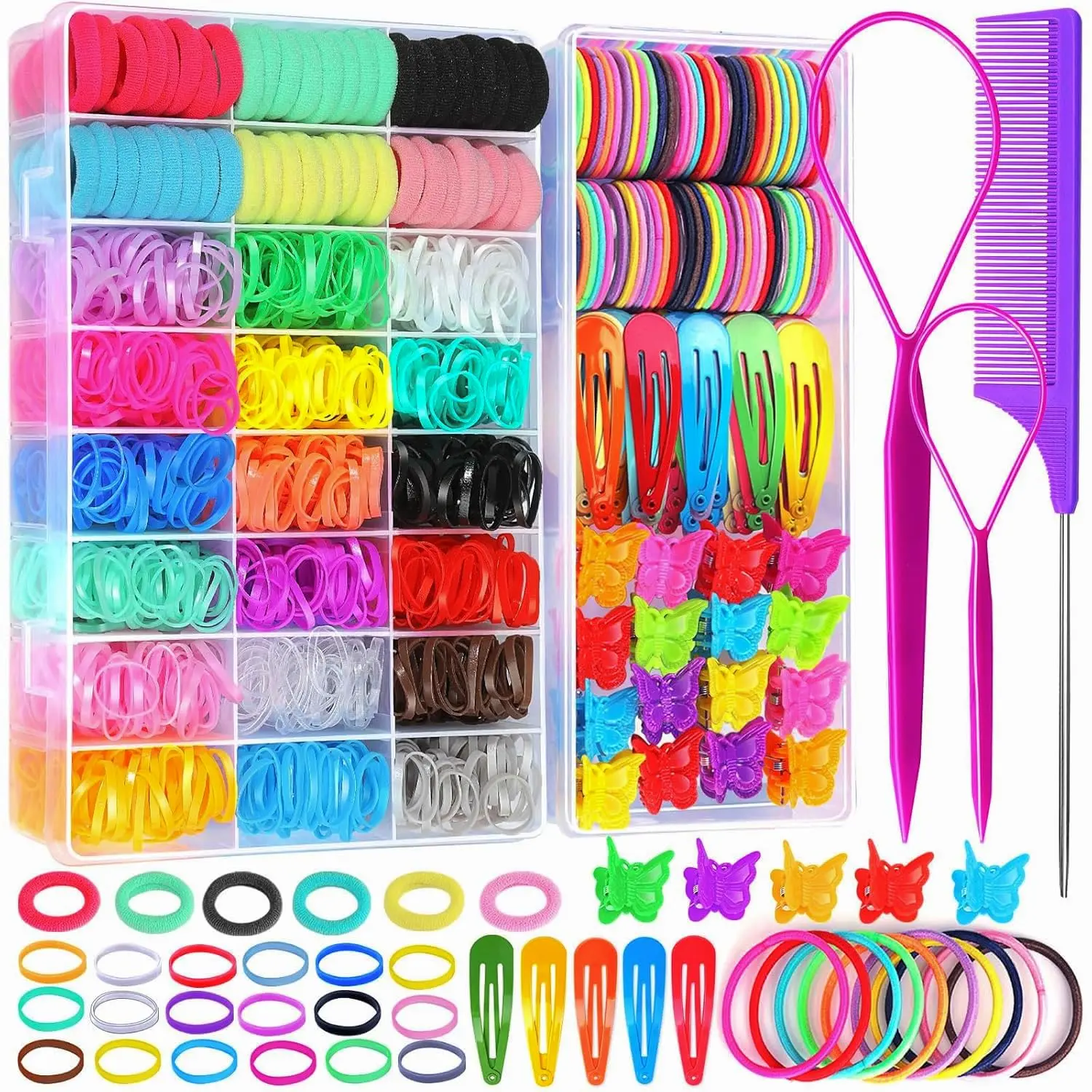 Hair Accessories Set: Colorful Rubber Bands, Cotton Hair Ties, Ponytail Holders, Hair Clips with Organizer Box for Girls,