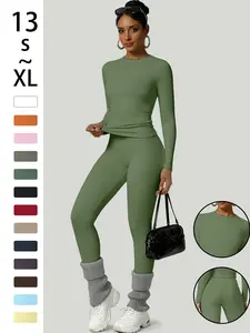 Women's Two-Piece Set, Long Sleeve Top and Pants, Comfortable Solid Round Neck T-Shirt & High Waist Slimming Leggings, Fall & Winter Casual Wear, Womenswear