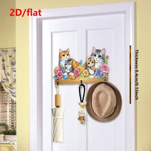 1pc DIY Cats Diamond Painting Key Hooks for Hanging Wall Mounted Wooden Coat Rack, Diamond Art Wall Hooks Hangers for Towels, Hats, Keys, Decorative Wall Art with Crystal Rhinestone, Suitable for Home Office Wall Door Decor, Wall Mounted Organizer