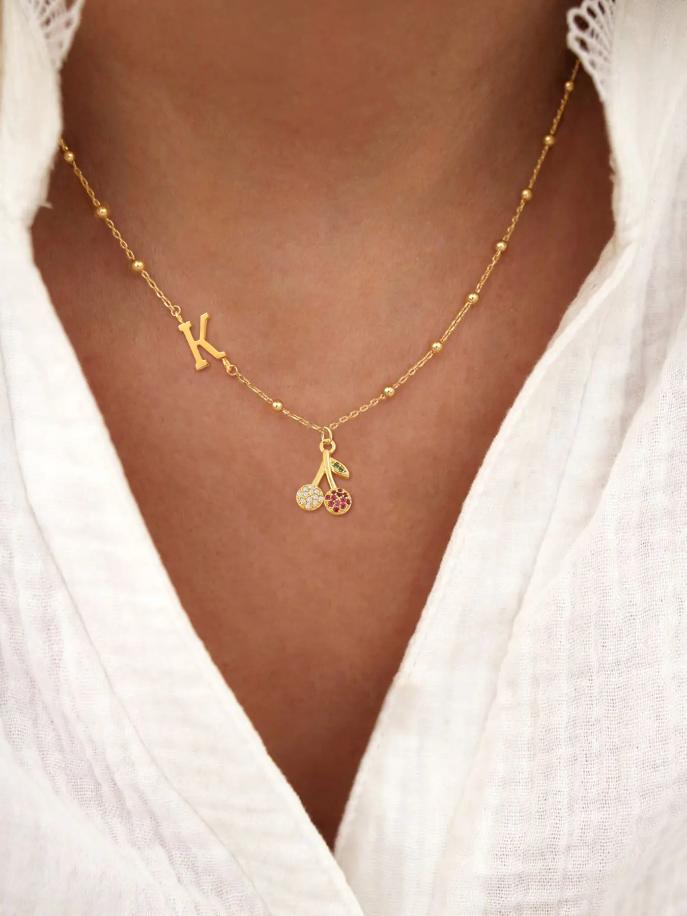 Women's Initial Zirconia Cherry Pendant Necklace, Letter Necklace, Stainless Steel Chain Jewelry, Elegant Design for All Occasions