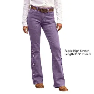 Flamingals Solid Button Side Flap Pocket Mid Rise Bootcut Pants Without Belt Basic Bottoms Boho Womenswear