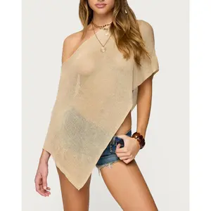 Women's Sheer Ponchos Off Shoulder Short Sleeve Solid Color T-Shirts Asymmetrical Knit Tops