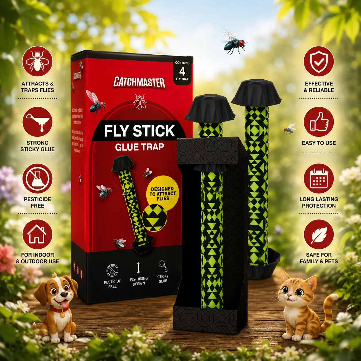 Fly Stick 4-Pack, Sticky Hanging Fly Traps Indoor & Outdoor | High-contrast design attracts and hides flies; Unscented; Captures flies, gnats & insects; Heavy duty glue; Hang or stand