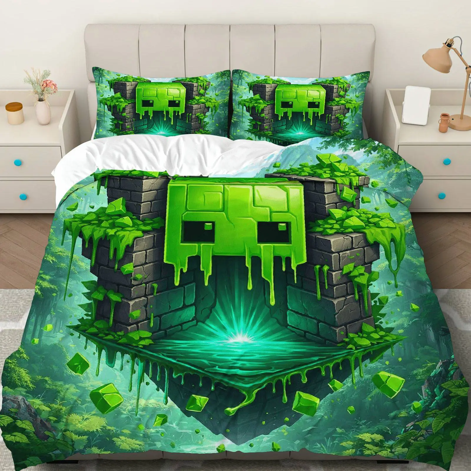 3PCS Duvet Cover Set, 1 Duvet+2 Pillowcases(Without filler), Green Adventure Game Forest Block theme, Christmas bedding set, Creative Design Suitable for decoration bedroom, game room, dormitory, .