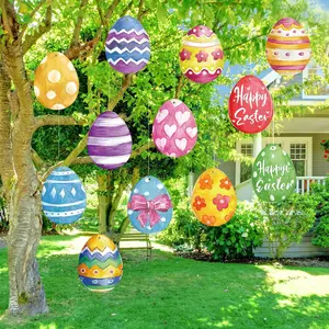 12 Pcs 7.9 Inch Large Outdoor Easter Decorations Easter Egg Outdoor Hanging Ornaments Signs Double Sided Colorful Egg Shaped Decorations for Tree Lawn Porch Yard Outside Party Decor