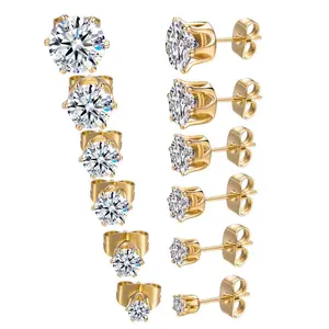 GEMSME 6 Pairs Round Cut Elegant Earrings Studs For Women back stud Vintage Jewelry Cubic Zirconia E-0980-G Glamour Sparkly