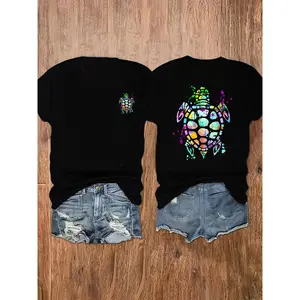 Women's Large Turtle Pattern T-shirt - Casual Round Neck, Short Sleeve, Soft Cotton, Machine Washable