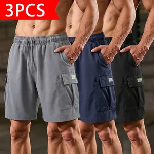 Men’s cargo shorts 3-pack — lightweight casual street-style shorts with practical large pockets; summer fashion shorts suitable for everyday wear and outdoor activities; stylish menswear; black, dark blue, dark gray, khaki; mid-rise; TikTok Shop Spring Re