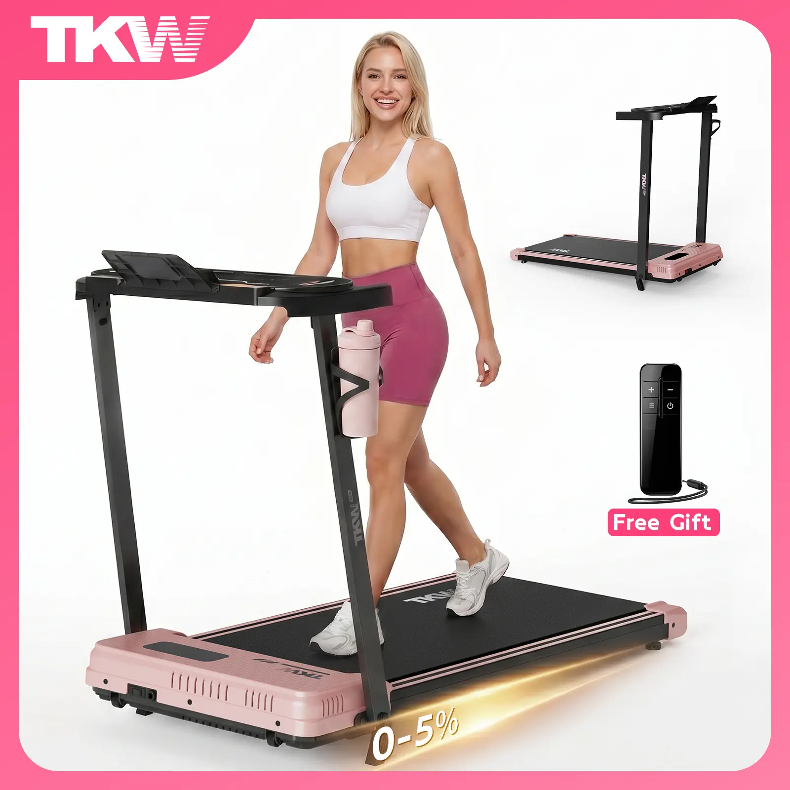 TKW 3-in-1 Walking pad,Pink Walkingpad,Light weight Treadmill,  Capacity,Low-Noise Motor Walking Pad, Remote Control & Wheels for Easy mobility, LED Display，Vibration Walking pad