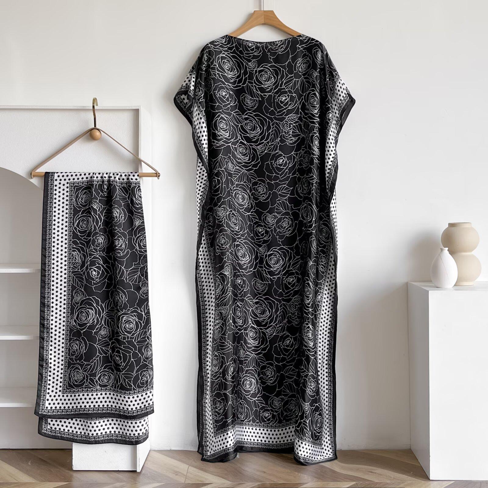 Women's Long Shawl Set Floral Print Robe Set with Shawl Collar Dress, Long Scarf Headband