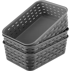 3 Pack Small Plastic Basket Storage Bin Baskets for Organizing Pantry Organizer Household Wicker Storage for Laundry Room Bedrooms Kitchens Cabinets Countertops Dark Gray