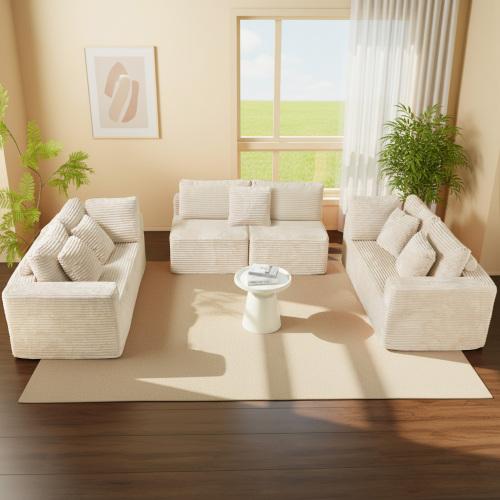 Niccae 135.5-Inch Modular U-Shaped Corduroy Couch - 6-Seater Recliner with Reversible, Freely Configurable Design, Gray Striped Fabric, 3-Pack Shipped Modular Upholstered Living Room Sofa