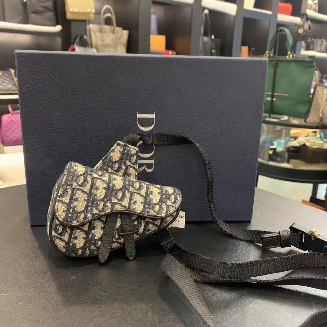Pre-owned Dior Saddle Belt Crossbody Pouch Blue Dior Oblique Jacquard, Black Web Strap, Style XH149