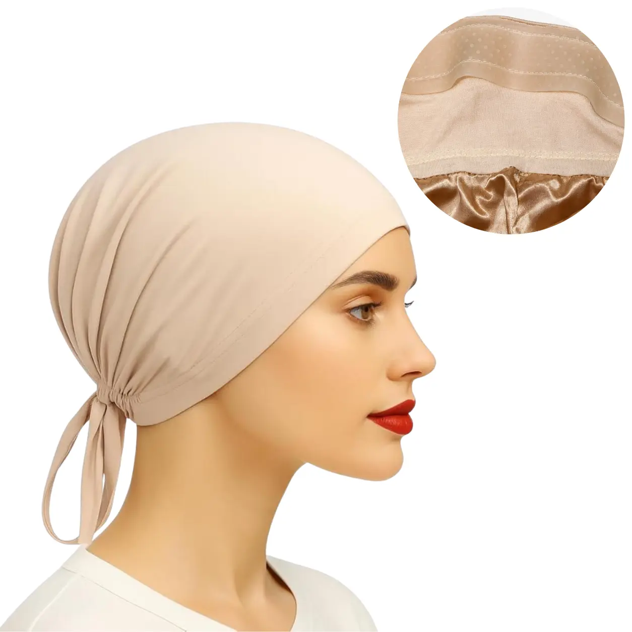 The SATIN GENTLE Grip Cap – Beige | Non-Slip Hijab Undercap with Silicone Grip & Tie-Back by Get A Grip