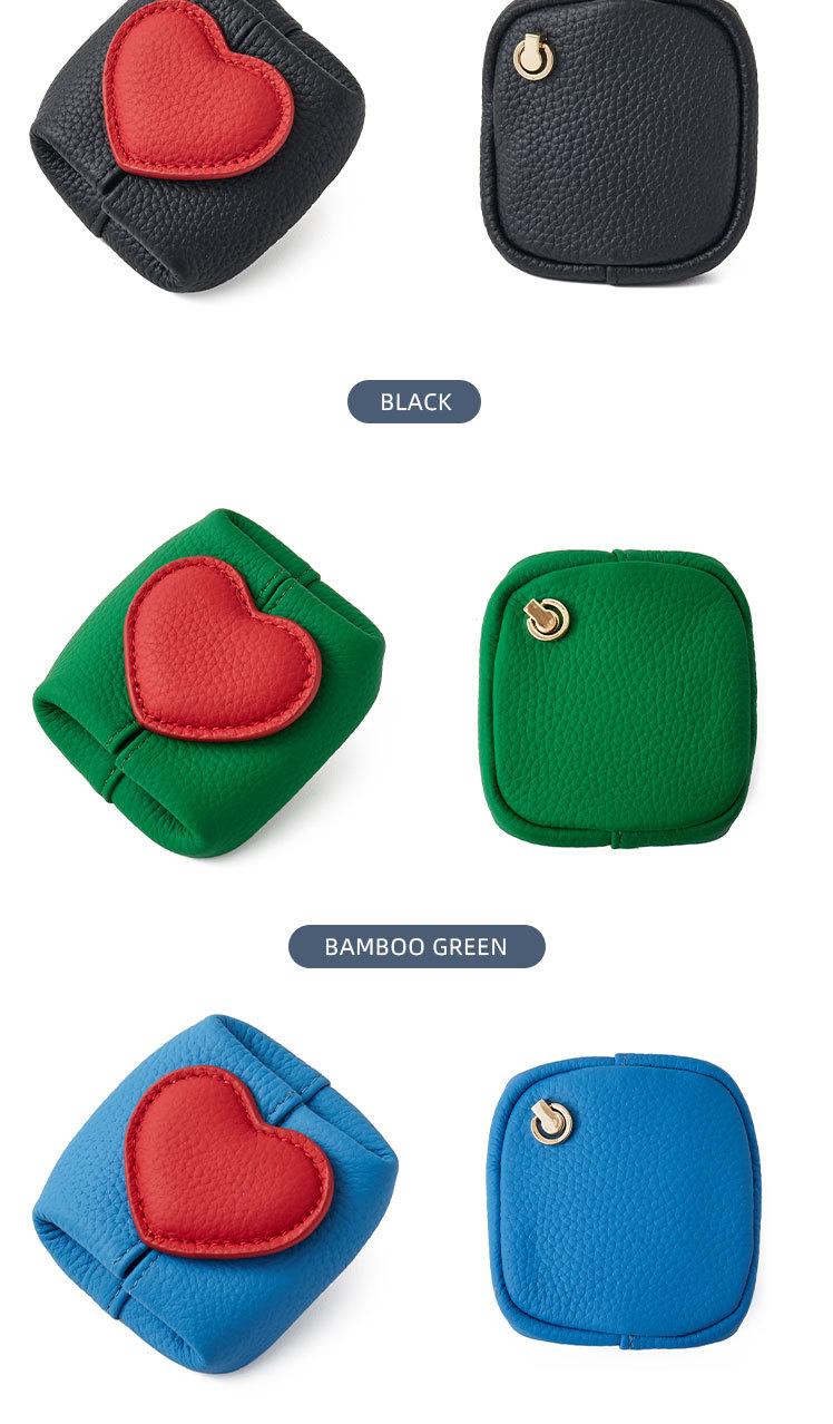 Mini Lychee Pattern Cowhide Heart Coin Purse, Solid Color Buckle Key & Earphone Storage Bag, Color-Block Leather Change & Jewelry Pouch for Daily Use