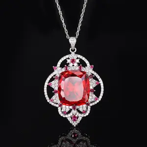 [B86] Jewelry Simulated Orange Red Zirconia Pendant Necklace with Alloy Base