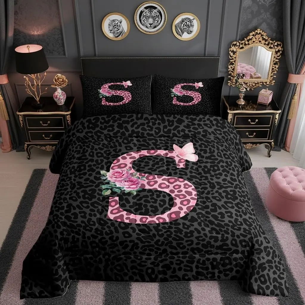 Leopard Print Comforter Set for All Seasons,Monogram Letter Bedding Set Bedroom Decor,Cheetah Skin Flower Pink Black Comforter Inner Fill