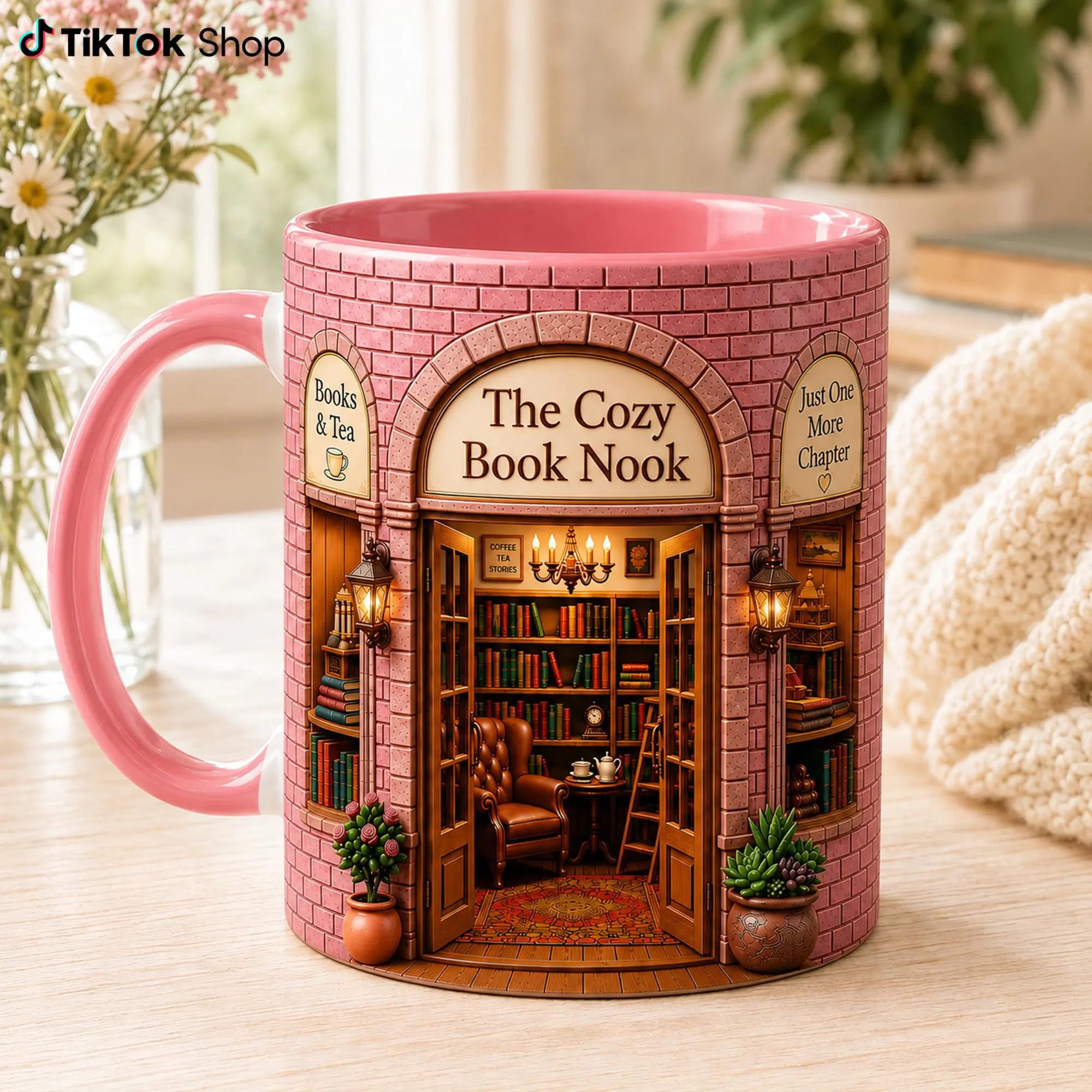 Cozy Book Nook Mug, Book Lover Library Coffee Cup, Books and Tea Reading Gift, Just One More Chapter Ceramic Mug