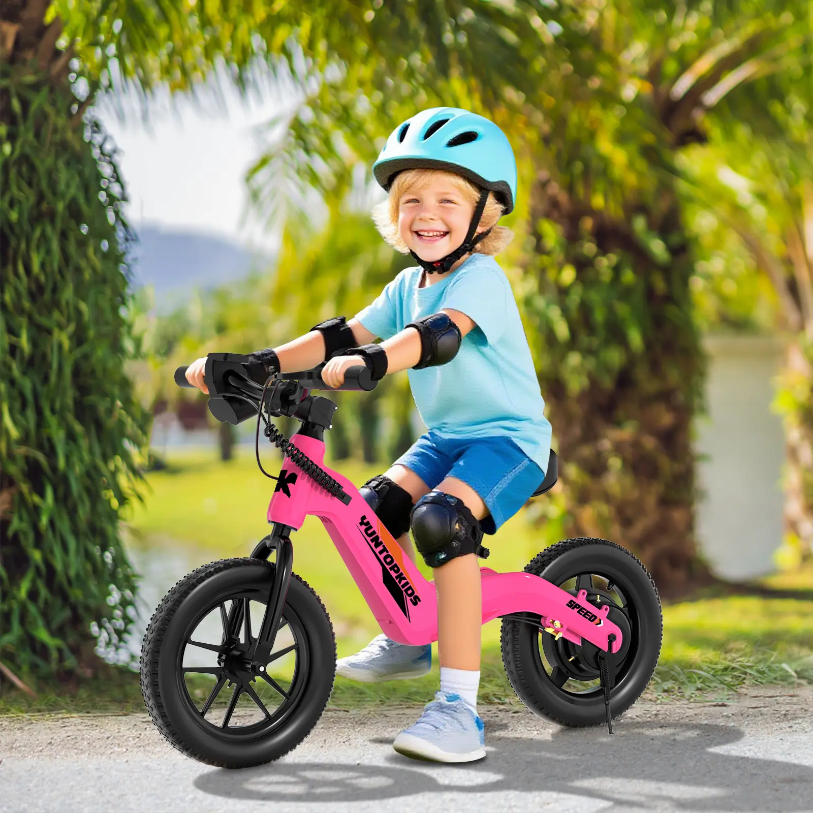 YUNTOPKIDS Kids' Electric Balance Bike, 150W Batteries-Powered 12-Inch Tire Bike, 14.55 lbs Lightweight, Kick-Off Start, Adjustable Seat, 3 Speed Modes, Rear Disc Brake, Up to 5.6 mi Range, Outdoor Play Toy for Ages 3-5 (Pink)