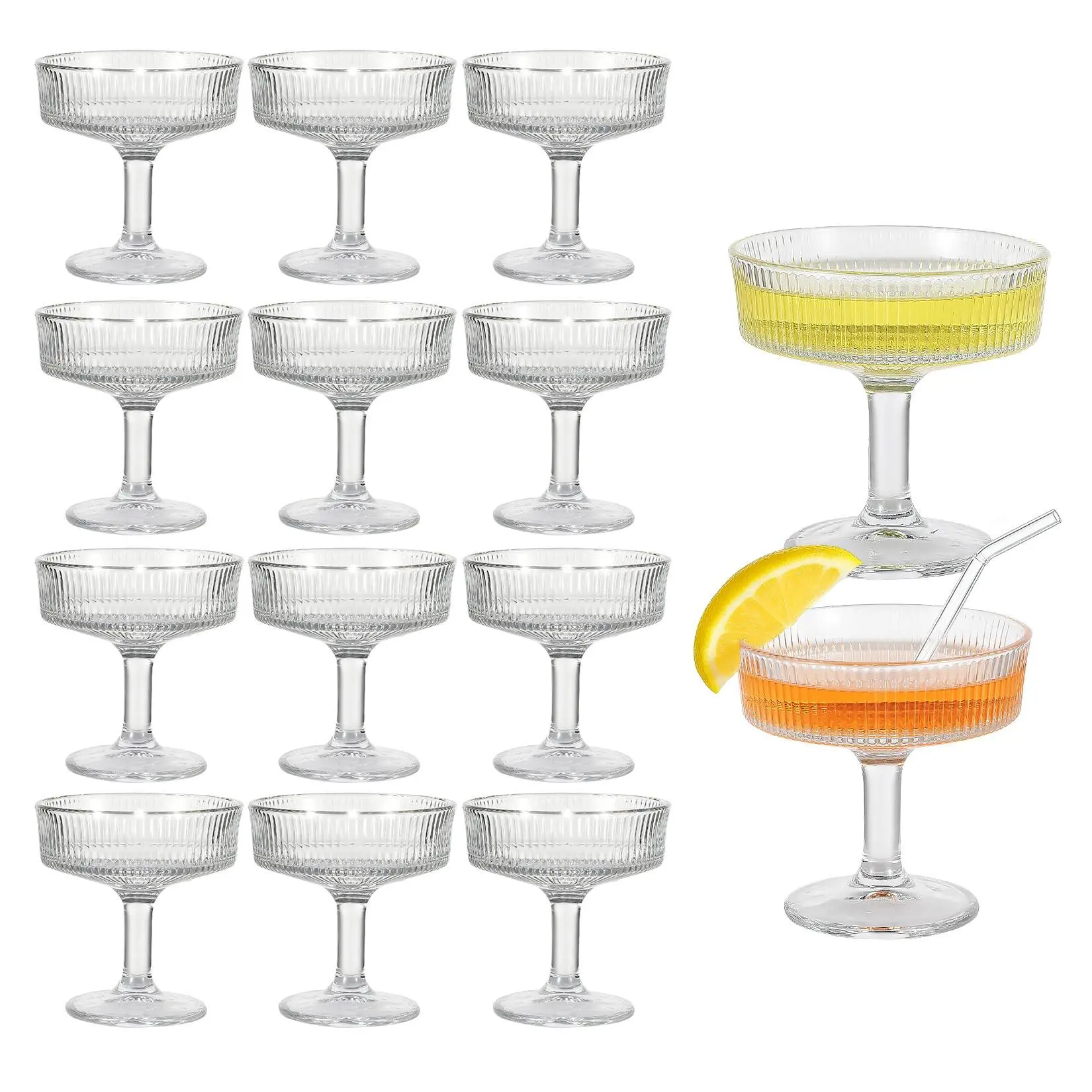 GARVEE 12-Pack Ribbed Coupe Glasses - 7Oz Vintage Martini Glasses Set, Crystal Clear Whiskey Cocktail Cups (4.25" Tall) for Home Bar, Wedding Gifts - Shatter-Resistant Packaging