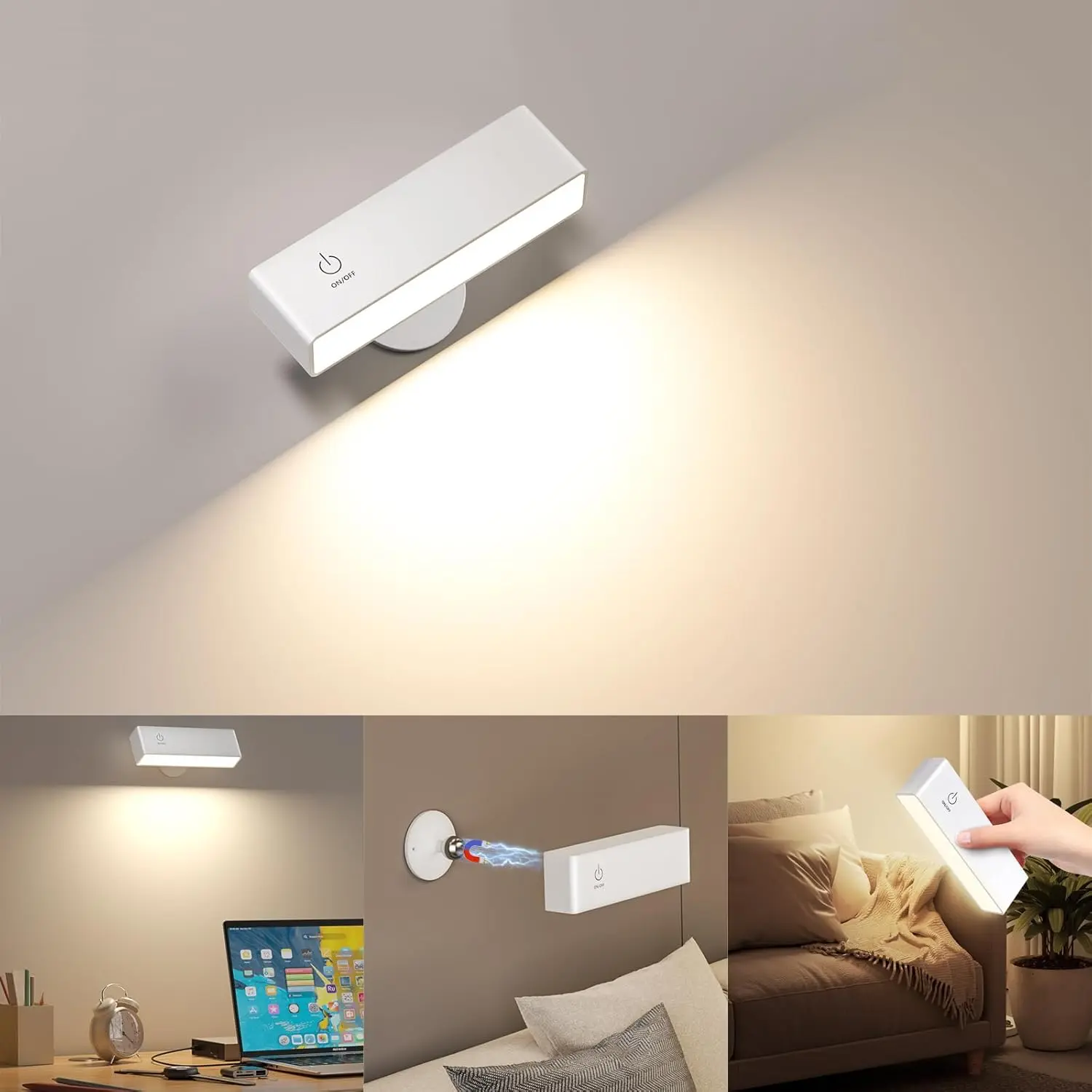 LED Wall Sconce, Wall Mounted Lamp with 4000 mAh Battery Operated Wall Sconce Touch Controls & Brightness Adjustment, 360° Rotate Cordless Battery Wall Lamps for Bedroom, BedsideReading-White