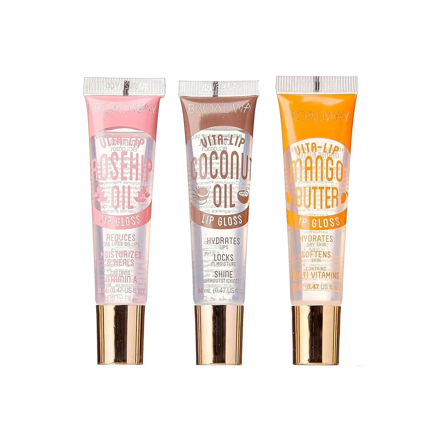 Broadway Vita-Lip Clear Lip Gloss (3 Pack Mango Butter, Rosehip, Coconut Oil)    Variety Lipgloss Set