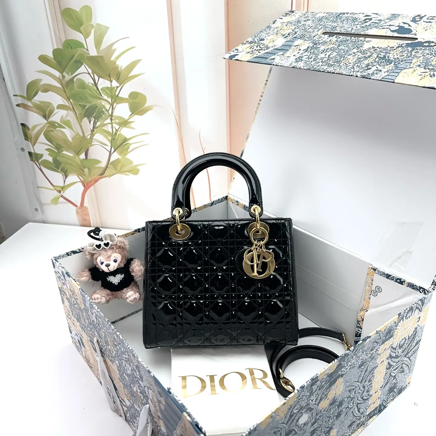 Pre-owned Dior Black Patent Cannage Lambskin My ABCDior Top Handle Bag 0801 raye 20912779