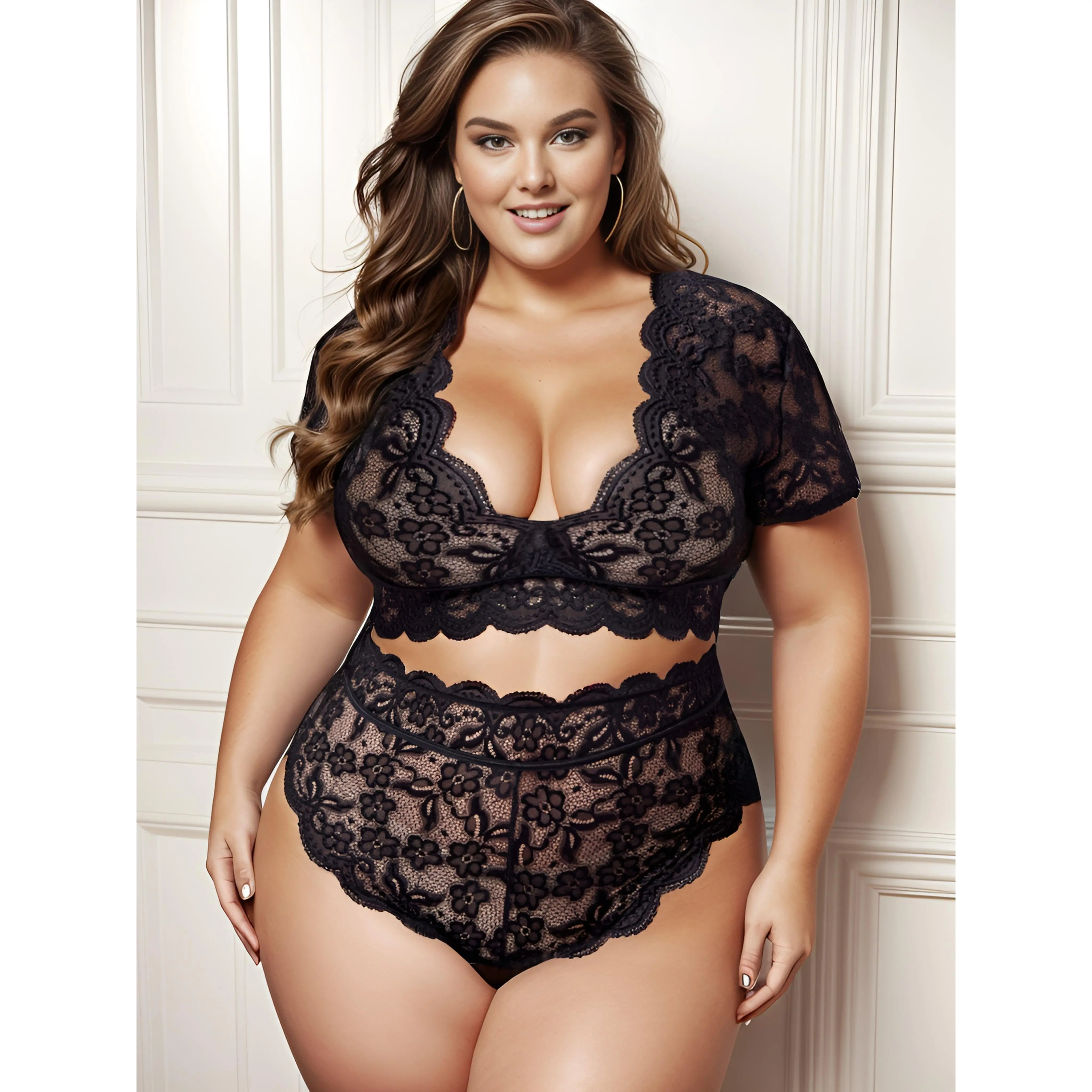 Women's Plus Floral Jacquard Contrast Lace Semi Sheer Deep V Neck Top & Panty 2pcs Set, Plus Size Sexy Lingerie Set