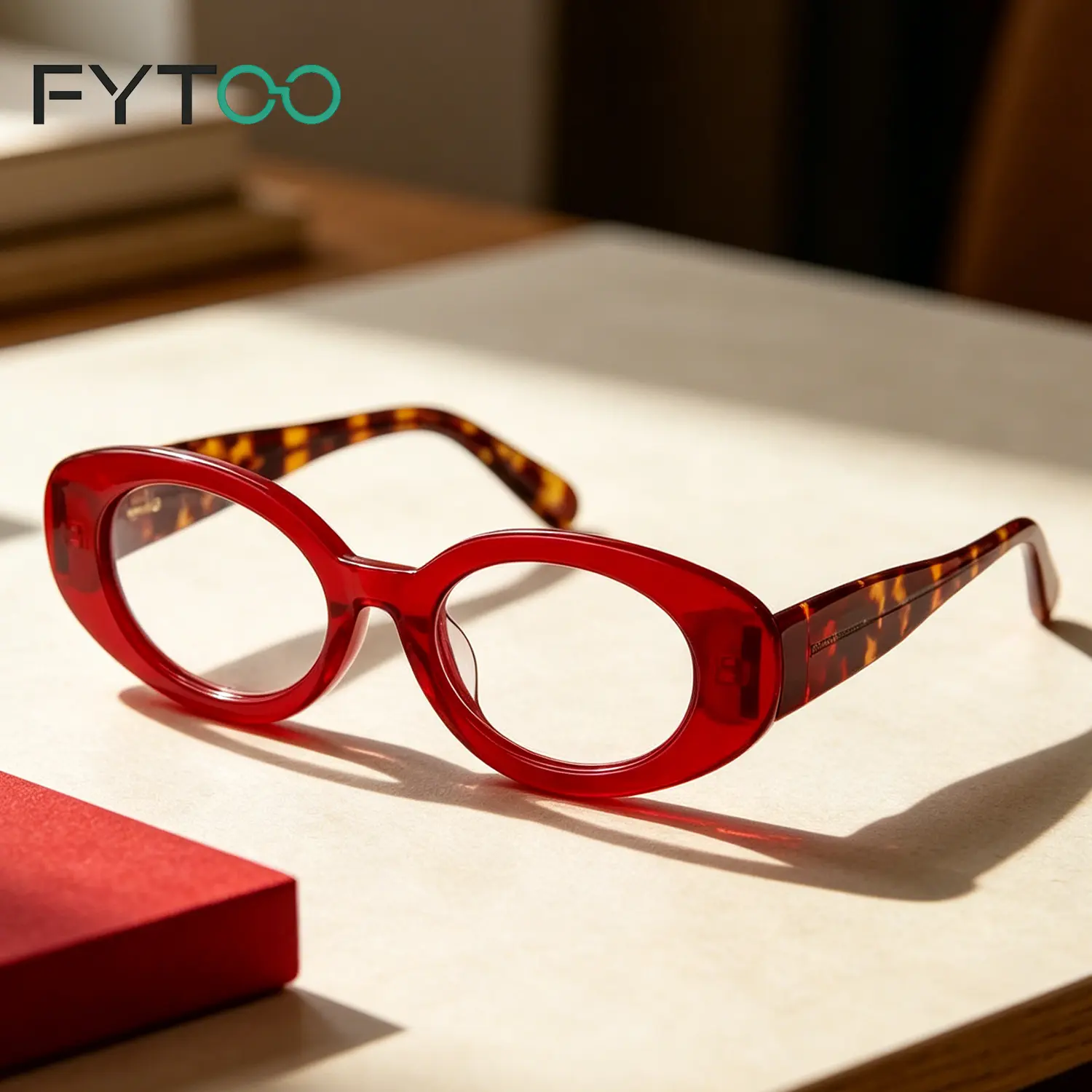 FYTOO Bright Red Oval Tortoiseshell Temple Acetate Glasses, Retro Y2K Fashion Eyeglasses